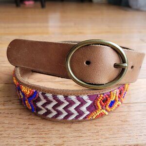 Lucky Brand Multi Embroidered Aztec Boho 100% Leather Belt Brown